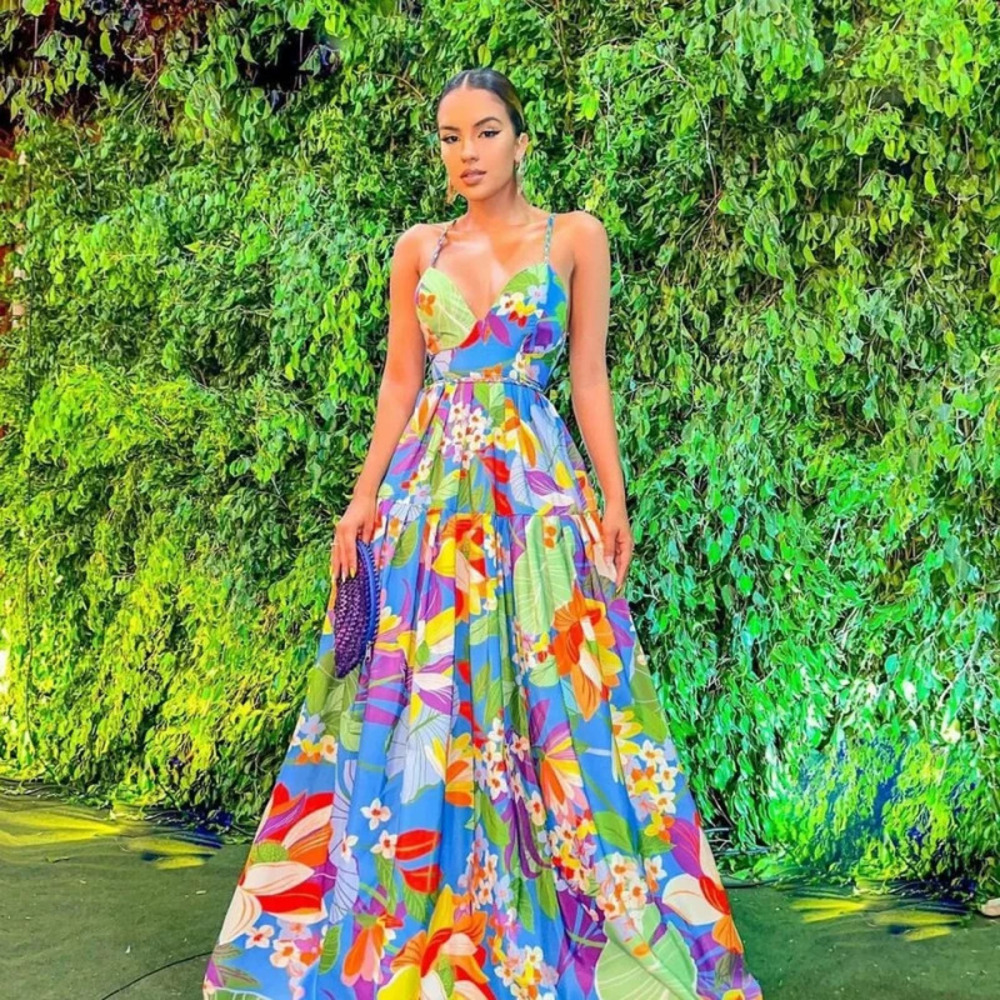 ZARA Summer Vacation Print Off Shoulder Flared Strappy Maxi Dress